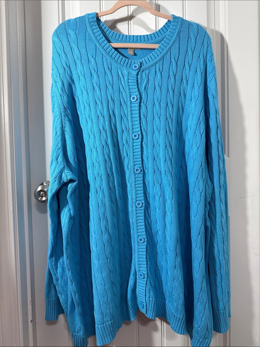 Woman Within Bright Turquoise Cable-Knit Button Cardigan